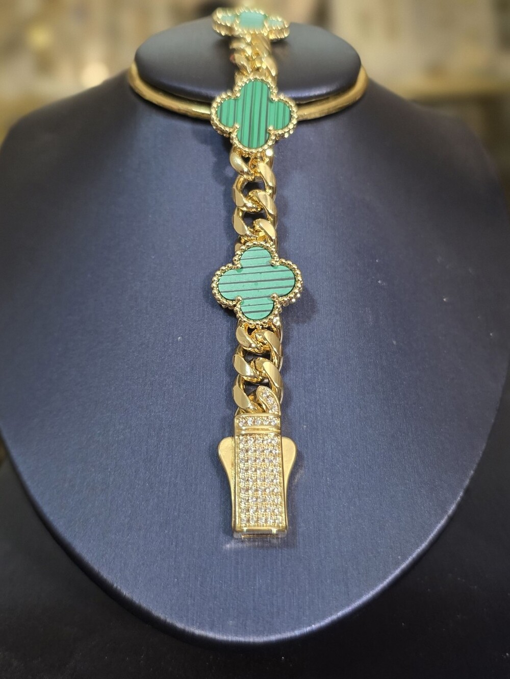 Gold Plated 8" Inch Bracelet with Green Clover Accents